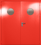 Двупольная дверь ei-60 с круглыми стеклами и ручками «антипаника» (цвет красный RAL 3020)