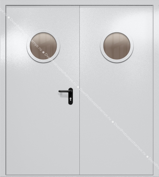 Двупольная дверь ei-60 с круглыми стеклами (цвет светло-серый RAL 7047)