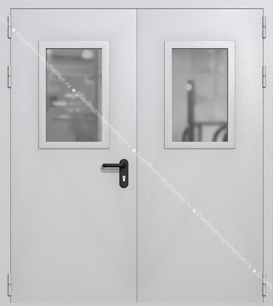 Двупольная дверь ei-60 со стеклами 600x400 (цвет светло-серый RAL 7047)