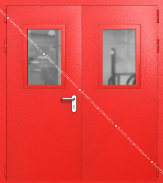 Двупольная дверь ei-60 со стеклами 600x400 и ручками хром (цвет красный RAL 3020)