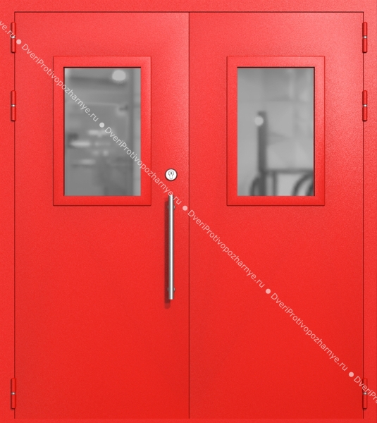 Двупольная техническая дверь со стеклами 600x400 (цвет красный RAL 3020)