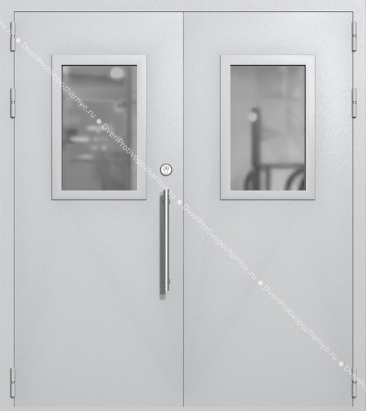 Двупольная техническая дверь со стеклами 600x400 (цвет светло-серый RAL 7047)