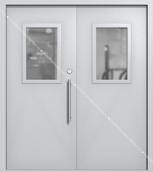 Двупольная техническая дверь со стеклами 600x400 (цвет светло-серый RAL 7047)