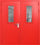 Двупольная дверь ei-60 со стеклами 700x300 и ручками хром (цвет красный RAL 3020)