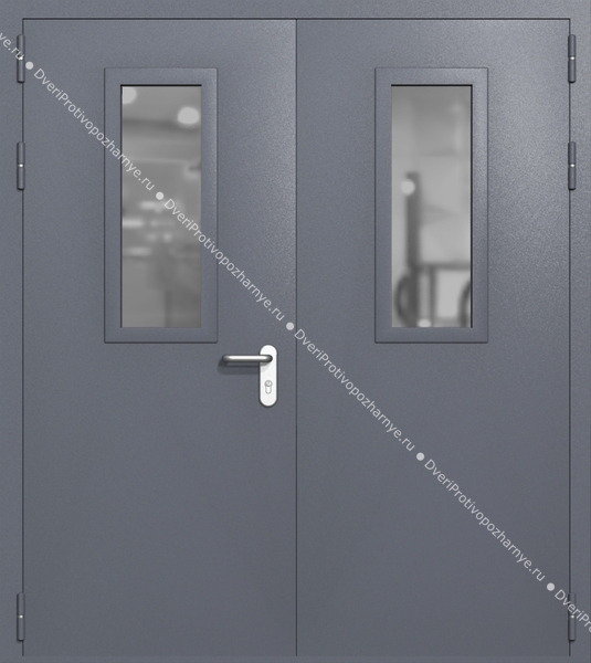 Двупольная дверь ei-60 со стеклами 700x300 и ручками хром (цвет темно-серый RAL 7015)