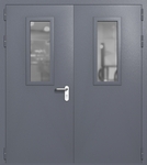 Двупольная дверь ei-60 со стеклами 700x300 и ручками хром (цвет темно-серый RAL 7015)