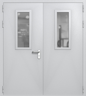 Двупольная дверь ei-60 со стеклами 700x300 и ручками хром (цвет светло-серый RAL 7047)