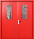 Двупольная дверь ei-60 со стеклами 700x300 и ручками хром (цвет красный RAL 3020)