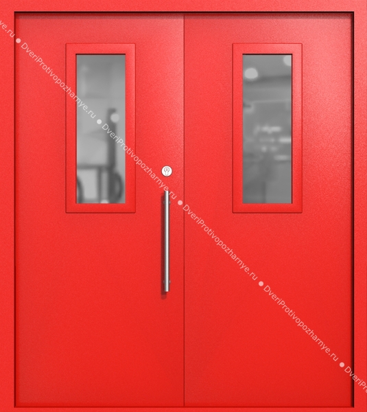 Двупольная техническая дверь со стеклами 700x300 (цвет красный RAL 3020)