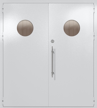 Двупольная техническая дверь с круглыми стеклами (цвет светло-серый RAL 7047)