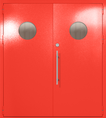 Двупольная техническая дверь с круглыми стеклами (цвет красный RAL 3020)