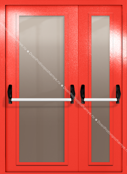 Полуторапольная дверь eiw-60 с максимальными стеклами и ручками «антипаника» (цвет красный RAL 3020)