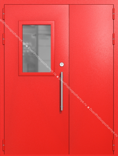 Полуторапольная техническая дверь со стеклом 600x400 (цвет красный RAL 3020)