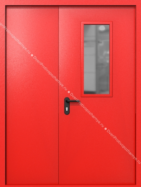 Полуторапольная дверь ei-60 со стеклом 700x300 (цвет красный RAL 3020)