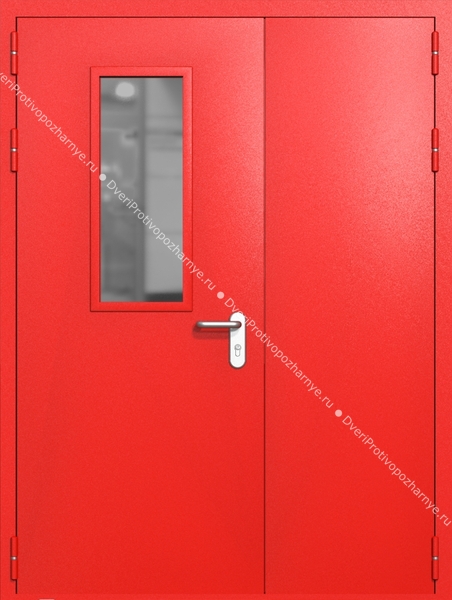 Полуторапольная дверь ei-60 со стеклом 700x300 и ручками хром (цвет красный RAL 3020)