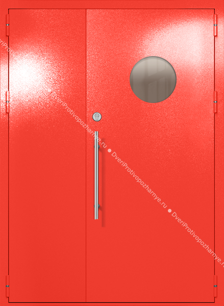 Полуторапольная техническая дверь с круглым стеклом (цвет красный RAL 3020)