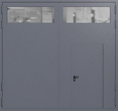 Распашные крупногабаритные ворота ei-60 с остеклением и калиткой (цвет темно-серый RAL 7015)