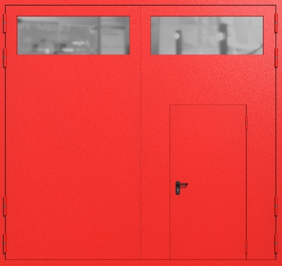 Распашные крупногабаритные ворота ei-60 с остеклением и калиткой (цвет красный RAL 3020)