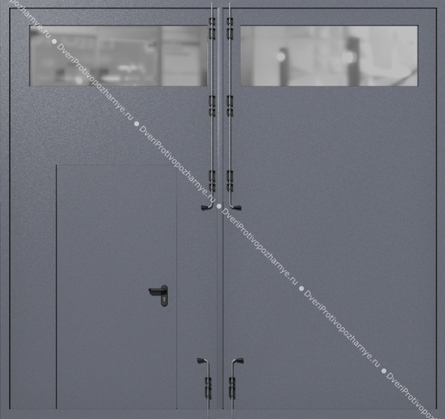 Распашные крупногабаритные ворота ei-60 с остеклением и калиткой (цвет темно-серый RAL 7015)